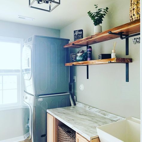 DIY Modern Farmhouse Laundry Room with Custom Shelves & Folding Table Collapsible Folding Table Laundry Rooms, Folding Table Laundry, Second Floor Laundry Room, Modern Farmhouse Laundry, Second Floor Laundry, Affordable Farmhouse Decor, Modern Farmhouse Laundry Room, Diy Modern Farmhouse, Custom Shelves