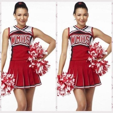 This is the typical cheerleader uniform and dress code. This is a typical American high school clique. Cheerleader typically wear this uniform at school sports events and competitions. It includes two colored hand puffs, a skirt and a matching no sleeves shirt showing the school's initials. Cheerios Costume, Girls Cheerleader Costume, Casual Beach Dress, Cheerleader Costume, Glee Club, Night Club Dress, Muslim Outfits, Women's Robe, Abaya Dress