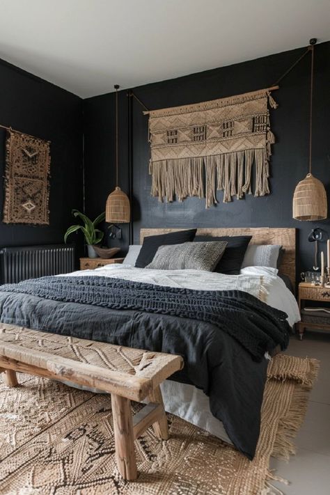 Seek refuge in an obsidian oasis where boho accents and natural materials converge to create a space of calm and serenity, offering respite from the hustle and bustle of everyday life. —click here! Black Boho Bedroom, Black Walls Bedroom, Boho Style Room, Bedroom Eclectic, 2024 Bedroom, Dark Rooms, Whimsical Bedroom, Boho Bedroom Ideas, Serene Bedroom