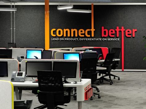 Merchants   iiNets Cape Town Call Centre Offices Art Feature Wall, Call Center Design, Wall World Map, Open Office Layout, Office Wall Graphics, Office Graphics, Call Centre, Faux Stone Panels, Modern Office Interiors