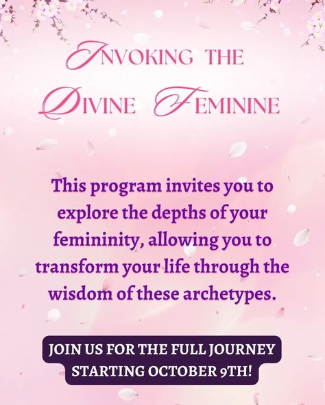 🌸Awaken the Goddess within 🌸 Join us for the “Invoking the Divine Feminine” program, a transformative journey guided by Goddess Valeria. We will explore the seven powerful feminine archetypes : The Maiden The Mother The Wild Woman The Lover The Wise Woman The Huntress And The Queen. The program is a ONE TIME ONLY LIVE event starting from October 9th to October 16th. This is your calling to reconnect to your inner wisdom, embrace your true self and celebrate the Divine Feminine. You I... What Is The Divine Feminine, I Am Goddess Divine Feminine, Goddess Circle Divine Feminine, Embodying Divine Feminine, Divine Feminine Sexuality Goddesses, Wise Women, Wild Woman, Live Events, Transform Your Life