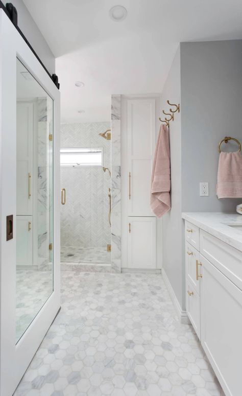 Marble Master Bathroom in San Diego - Transitional - Bathroom - San Diego - by Signature Designs Kitchen | Bath | Interiors | Houzz Hex Tile Bathroom, Hex Tile, Tile Bathroom, Bathroom Remodel, Tile, Marble, Flooring, Shower, White