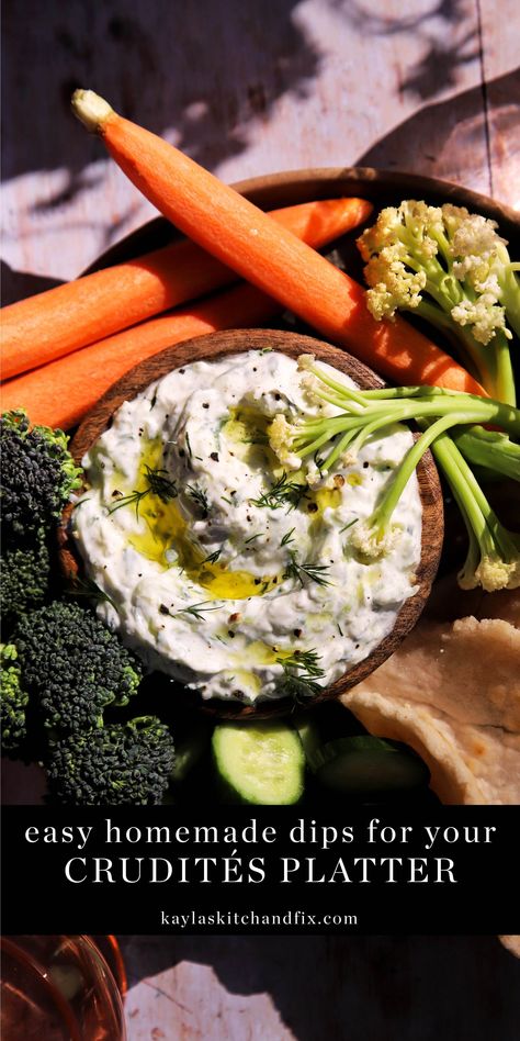 What better way to get in your veggies than arranging them in a beautiful Crudités Platter with Homemade Dips to accompany them? Grilled Veggie Platter, Winter Crudite Platter, Crudite Platter Ideas Dips, Cold Dip Recipes For Veggies, Dip For Crudite, Crudite Dip Recipes, Homemade Dips For Veggies, Crudite Platter Ideas Presentation, Crudite Platter Ideas