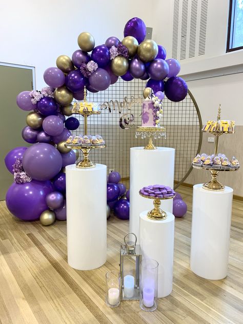 Purple White Gold Party, Purple Black And Gold Masquerade Party, Purple Gold Decor, Purple And Gold 60th Birthday Party, Gold Silver Purple Party, Purple And Gold Decorations Party, Dark Purple And Gold Quinceanera Theme, Purple Gold Centerpieces, Graduation Party Ideas Purple And Gold