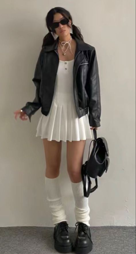 White Dress Leather Jacket Aesthetic, Short White Dress With Leather Jacket, Leg Warmer Loafers, Mom We Started A Band Outfits, Outfit Ideas With Pleated Skirts, White Dress Outfit With Jacket, White Dress Aesthetic Outfit, White Tennis Skirt Aesthetic, Mini Backpack Outfit Street Style