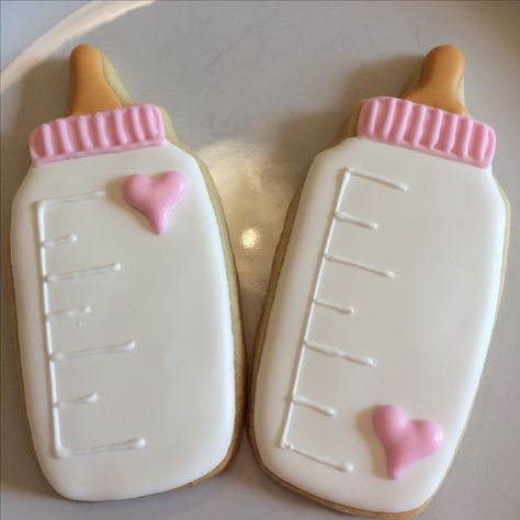 Baby bottle cookie Bottle Cookies Decorated, Baby Bib Cookies Decorated, Baby Bottle Cookies Decorated, Onesie Decorated Cookies, Pacifier Cookies, Baby Bottle Cookies, Onesie Cookies Buttercream, Valentine Sugar Cookies, Baby Shower Cake Pops