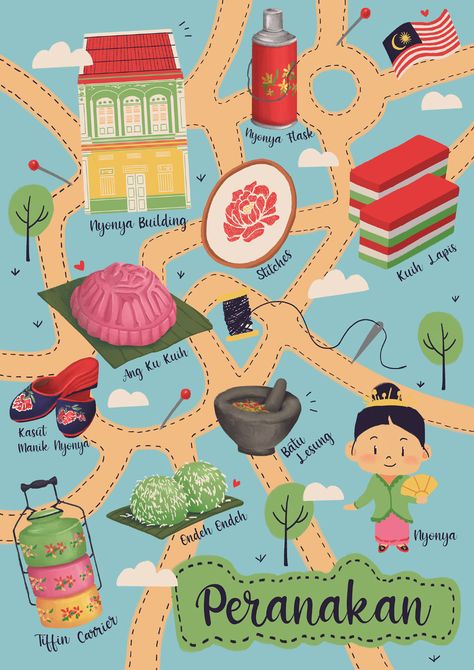 Peranakan Food Illustration, Baba Nyonya Fashion, Baba Nyonya House, Nyonya Illustration, Peranakan Aesthetic, Malaysia Culture Illustration, Peranakan Illustration, Malaysian Illustration, Peranakan Pattern