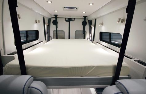 Sprinter with EuroLoft Bed Lift Elgrand Camper, Sprinter Van Conversion Layout, Elevator Bed, Camper Furniture, Van Conversion Layout, Sprinter Rv, Luxury Campers, Mercedes Sprinter Camper, Camper Beds