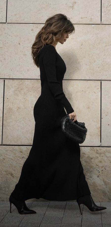 Maxi Black Dress Outfit Winter, Long Sleeve Black Midi Dress Outfit, Long Boots Modest Outfit, Dark Luxury Fashion, Shoes With Long Dress Winter, Dark Old Money Aesthetic Women, Leather Jacket Outfits Women Classy, Classic Edgy Style Aesthetic, Winter Little Black Dress Outfit