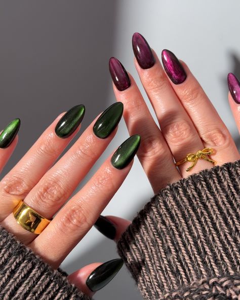 Pink goes good with green 🩷💚 Wicked Nails, Glass Edition Products used: @gelcare.official Patent Leather Black Bevimee - Silver Cat Eye @from_the_nail_korea @moregelofficial • use code: THECOLORNOOK to save @nominal #gelcare #fgel #inknails #gelnails #greennails #pinknails #wickednails #wicked #glassgelnails #glassnails #trendynails #nailartist #gelx #cateyenails cat eye gelx glass nails wicked pink and green Green Wicked Nails, Green Opal Nails, Magnetic Green Nails, Colorful Cat Eye Nails, Green Glass Nails, Wicked Nails Designs, Jelly Glass Nails, Cat Eye Nail Colors, Green Nails Cat Eye