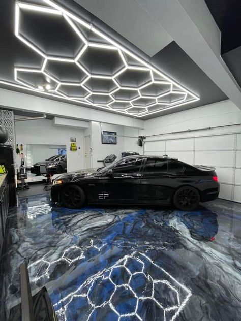 Car Detailing Shop Interior Design, Bmw Garage Ideas, Car Guy House, Barndo Interior, Bmw Garage, Hexagon Lights, Car Showroom Interior, Garage Designs, Garage Design Interior