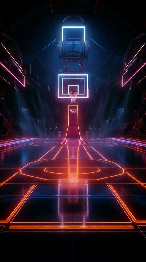 Vivid 3D sports arena Neon lit basketball court showcased from the side Vertical Mobile Wallpaper AI Generated Basketball Court Wallpaper, Basketball Wallpaper Landscape, Basketball Neon Wallpaper, Basketball Court Background, Basketball Background Landscape, Basketball Digital Backgrounds, Neon Basketball, Sunset Basketball Court, Background Basketball