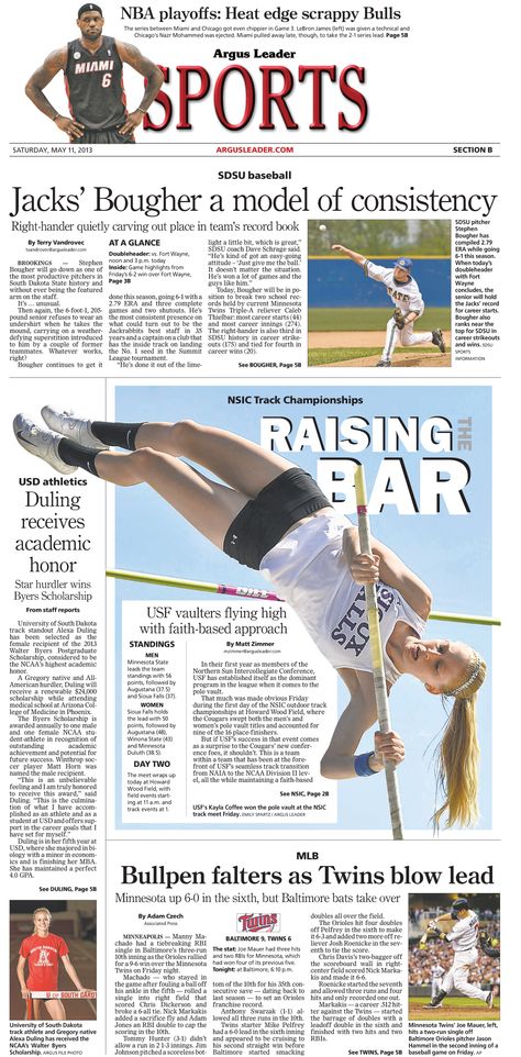 News Design: Sioux Falls Argus Leader's May 11, 2013 sports cover Sports Newspaper Design, Sports Infographic Design Layout, Sports Page Layout Newspaper, Sports Newspaper Design Layout, School Publication, Sports Newspaper, Pubmats Ideas, Media Kit Examples, Magazine Page Design