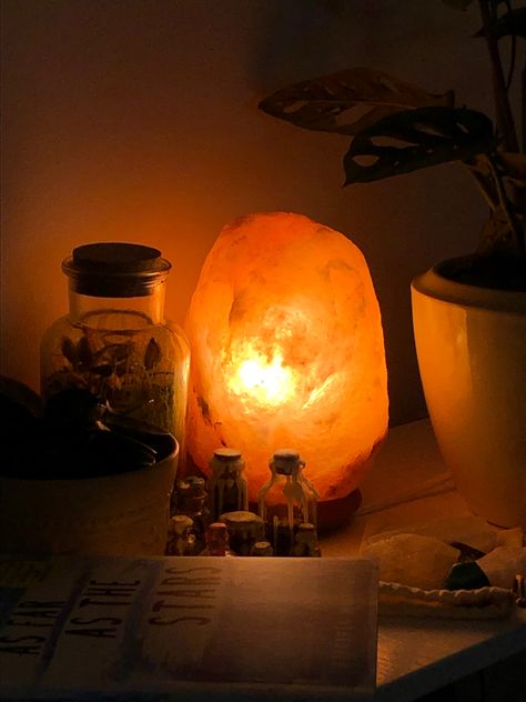 Plants, salt crystal lamp room decor Salt Lamp Aesthetic, Salt Stone Lamp, Salt Crystal Lamp, Lamp Room Decor, Life Mood Board, Salt Light, Lamp Room, Salt Stone, Stone Lamp