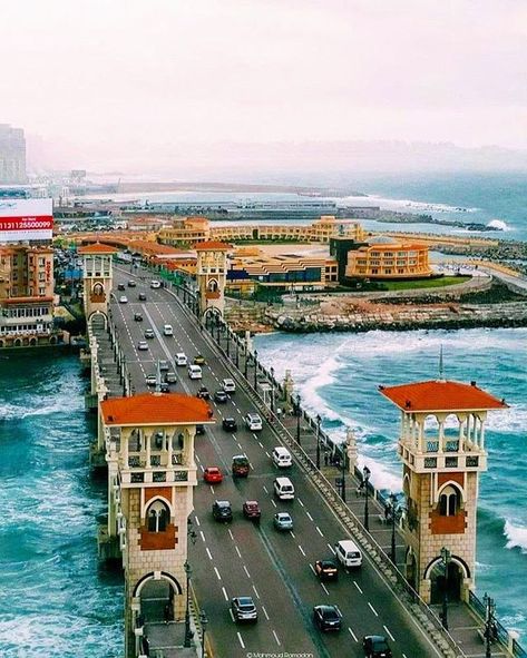 A view of the Sea Corniche street and the Stanley Bridge , Alexandria Alexandria City, Egypt Resorts, Places In Egypt, Life In Egypt, Modern Egypt, Alexandria Egypt, Old Egypt, Egypt Tours, Visit Egypt