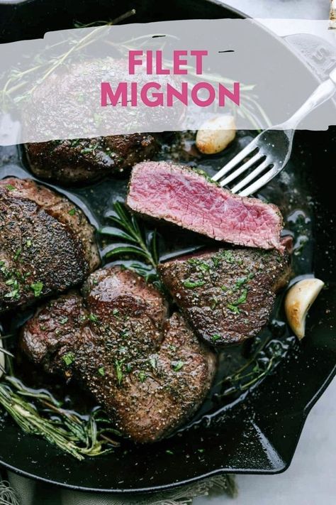 This is a steakhouse-quality recipe that is so easy to make at home! Cast Iron Filet Mignon, Filet Migon, Sous Vide Filet Mignon, Perfect Filet Mignon, Filet Mignon Recipe, Mignon Steak, Filet Mignon Recipes, Filet Mignon Steak, Seared Steak