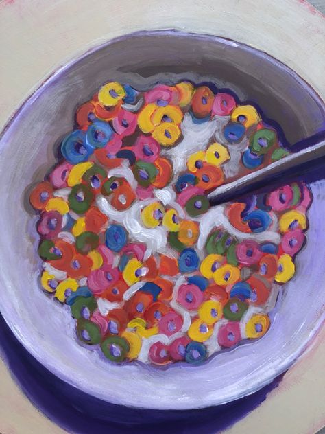 Objects Oil Pastel, Bowl Of Cereal Painting, Bowl Of Cereal Drawing, Abstract Food Painting, Funky Acrylic Painting, Abstract Food Art, Cereal Painting, Food Painting Ideas, Food Acrylic Painting