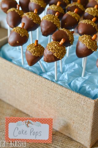 Woodland Friends First Birthday Party Ideas Acorn Cake Pops http://fantabulosity.com Acorn Cake Pops, Acorn Cake, Fox Birthday Party, Forest Birthday Party, Fox Party, Friends First, Fox Birthday, Forest Birthday, Fall Birthday Parties