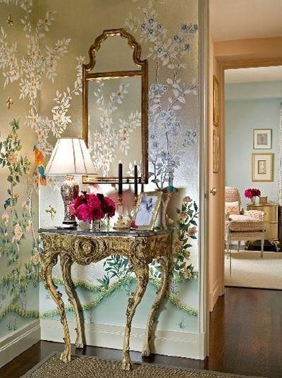 French Console Table, Chinese Wallpaper, Hand Painted Wallpaper, Silk Wallpaper, Enchanted Home, Chinoiserie Wallpaper, Chinoiserie Chic, Painting Wallpaper, A Chair