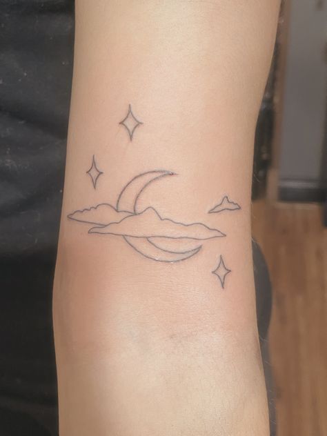 tattoo, stars, moon, clouds, aesthetic, tattoo ideas Sky And Moon Tattoo, Cloud Stars Tattoo, Cloud And Moon Tattoo, Moon Clouds Tattoo, Star Sky Tattoo, Minimalist Cloud Tattoo, Moon With Clouds Tattoo, Moon And Clouds Tattoo, Clouds And Stars Tattoo