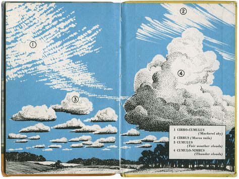 the weather - a ladybird book Weather Graphic Design, Weather Books, Cloud Formations, Cloud Illustration, Fairy Tale Books, Ladybird Books, Fairytale Illustration, Sketchbook Pages, Book Illustrations