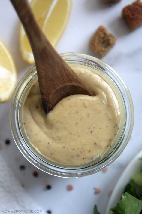 Creamy Dairy-Free Caesar Dressing Recipe Cesar Dressing Dairy Free, Dairy Free Caesar Salad, Cesar Salad Dressing Dairy Free, Dairy Free Caesar Salad Dressing, Dairy Free Ceaser Salad Dressing, Paleo Caesar Dressing, Mspi Diet, Dairy Free Caesar Dressing, Gluten Free Croutons