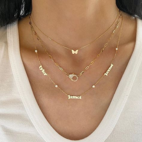 3,317 Likes, 39 Comments - @lolajamesjewelry on Instagram: “Friday favorites ✨🦋💎” Zoey Name, Necklace Name Design, Necklace With Kids Names, Jewelry Product Shots, Mini Butterfly, Friday Favorites, Family Necklace, Gold Name Necklace, Jewelry Fashion Trends