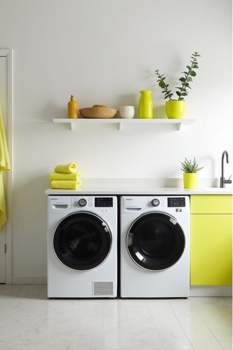 Contemporary white laundry room with neon yellow accessories and black appliances Laundry Room Paint Colors, Laundry Room Paint Color, Laundry Room Paint, Laundry Room Colors, Laundry Room Wallpaper, Laundry Space, Modern Laundry Rooms, Colourful Tile, Pink Highlights