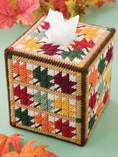 Plastic Canvas Box Patterns, Kleenex Box Cover, Plastic Canvas Coasters, Plastic Canvas Stitches, Plastic Canvas Tissue Boxes, Leaves Autumn, Plastic Canvas Christmas, Plastic Canvas Patterns Free, Box Patterns