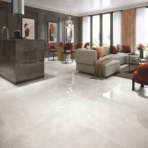 White Floor Tiles Living Room, Large Rectangular Living Room, Porcelain Tile Floor Living Room, Large Format Tiles, Open Living Room Design, Tiles Living Room, Entrance Floor, Tile Floor Living Room, Classy Living Room