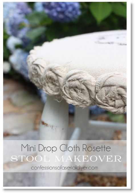 Mini Drop Cloth Rosette Stool Makeover {a $5 Yard Sale Find} Stenciled Stool Diy, Cloth Projects, Fabric Twine, Drop Cloth Projects, Stool Makeover, Chair Redo, Polished Plaster, Yard Sale Finds, Upcycling Projects