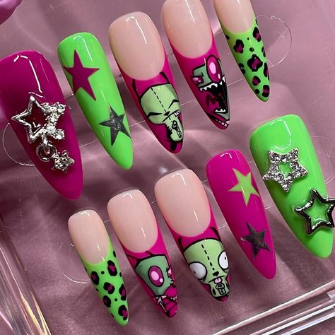 💖💚🌟 custom invader zim set in long almond 🛸 . . . #pressonnails #pressonnailbusiness #nailart #characternail #invaderzim #naildesign #gelnailart #y2knails #halloweennails Invader Zim Nail Art, Scenecore Nails, Scene Kid Nails, Invader Zim Nails, Scene Nails Emo, Scene Nails, Long Almond, Nail Board, Grunge Nails