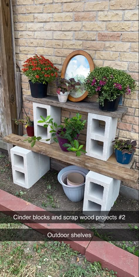 Outdoor shelves Outdoor Plant Shelf Ideas Diy, Diy Garden Shelves Outdoor, Cinder Block Porch Ideas, Diy Outdoor Shelves For Plants, Concrete Block Plant Stand, Patio Shelf Ideas, Cinder Block Shelves Outdoor, Outdoor Shelf Ideas, Garden Shelves Outdoor