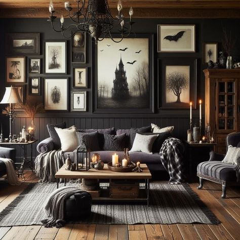 Victorian Goth House Decor, Goth Victorian Living Room, Gothic Family Room, Dark Gothic Home Aesthetic, Whimsical Goth Living Room, Goth Home Interior, Gothic Industrial Decor, Goth Cottagecore House Interior, Styling Black Couch