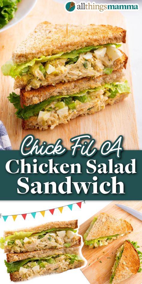 Chick-Fil-A Chicken Salad Sandwich social collage image showing the sandwich cut into triangle and stacked sitting on a wooden board showing the cross section Healthy Chicken Salad Sandwich Recipe, Chicken Salad Chick Pasta Salad Recipe, Chicken Salad Chick Copycat Recipes, Chick Fil A Chicken Salad Recipe, Grilled Chicken Salad Sandwich, Catering Meals, Chicken Sandwich Spread, Chicken Salad Chick Recipe, Sandwich Spread Recipes