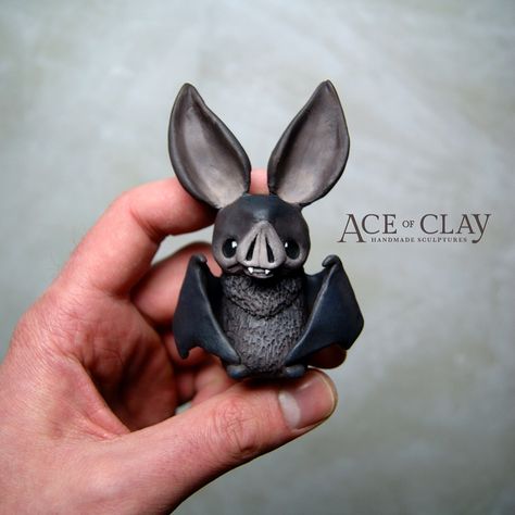 Bat by Ace of Clay Bat Sculpture Polymer Clay, Sculpting Clay Figures, Polymer Clay Bat Tutorial, Ace Of Clay, Clay Gothic Crafts, Bat Clay Sculpture, Bat Biscuits, Halloween Clay Art, Polymer Clay Sculpture Ideas