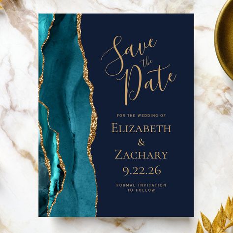 Fall Wedding Announcements, Dark Teal Weddings, Deep Purple Wedding, Navy Blue Wedding Theme, Elegant Wedding Themes, Agate Wedding, Unique Save The Dates, Modern Save The Dates, Save The Date Postcard