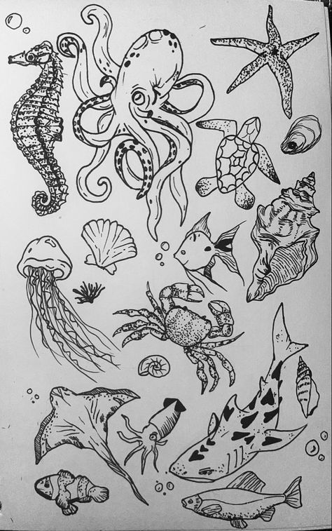 Ocean Tattoos Linework, Ocean Linework Tattoo, Ocean Tattoo Filler Ideas, Sea Tattoo Sleeve Women, Ocean Animals Tattoo Sleeve, Large Ocean Tattoo, Ocean Tattoo Filler, Aquatic Animals Tattoo, Ocean Themed Sketches