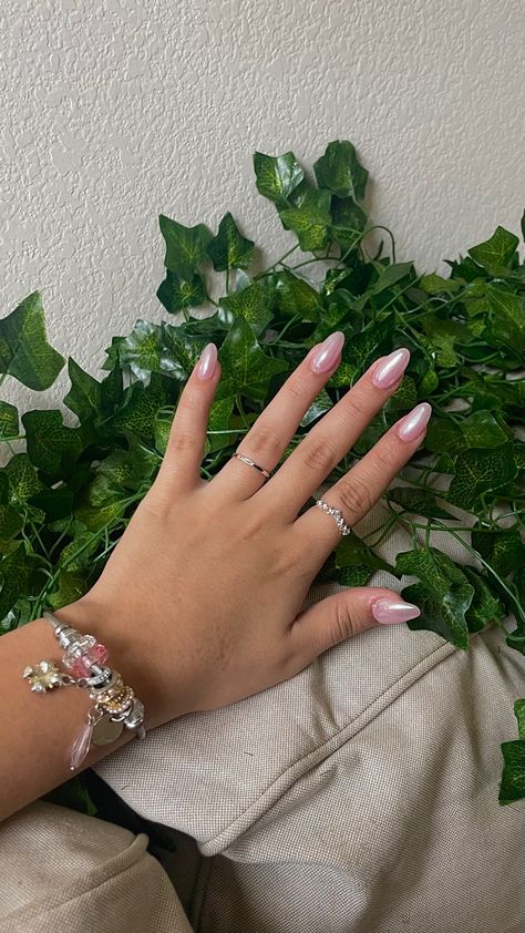 pink and white chrome nail inspo almond shape with powder and vines in the background with a pandora bracket with pearls gold and pink decor Chrome Crystal Nails, Chrome Powder Acrylic Nails, Sns Nails Crome, Ballerina Pink Chrome Nails, Light Crome Nails, Clear Chrome Nails Designs, Valentines Day Chrome Nails, Chrome Clear Nails, Blush Pink Chrome Nails