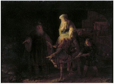 "Abraham dismissing Hagar and Ishmael" Place of Origin: Amsterdam,   Netherlands (painted). Date 1640 (painted). Artist/maker: Rembrandt, born   1606 - died 1669 (workshop of, artist). Courtesy: © Victoria and Albert   Museum, London (UK). Jewish Stuff, Rembrandt Van Rijn, Judaica Art, Wedding Painting, Dutch Painters, Jewish Art, Lost Art, Dutch Artists, Oil Painting Reproductions