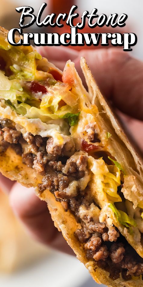 This crunchwrap cooked on the Blackstone grill is better than the crunchwrap you can get from that fast food chain's drive-thru! Crunch Wrap On Blackstone, Crunch Wraps On Blackstone, Blackstone Crunchwrap, Bbq Dinner Recipes, Local Fast Food, Blackstone Grill, Crunch Wrap, Romaine Salad, Burnt Food