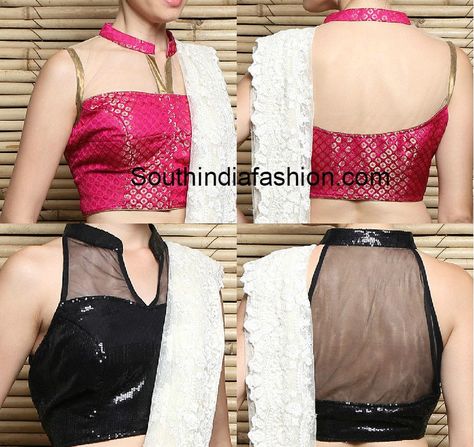 Collar Neck Net Blouse Designs photo High Neck Blouse Pattern, Net Blouse Designs, Net Saree Blouse Designs, Net Saree Blouse, Brocade Blouse Designs, Saree Drapes, Latest Saree Blouse, Netted Blouse Designs, Blouse Designs High Neck