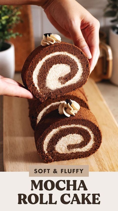 This delicious mocha roll cake is made with soft and fluffy mocha chiffon cake and filled with coffee whipped cream. It's the perfect light and airy cake that's not too sweet. #rollcake #mocha #swissroll | teakandthyme.com Mocha Roll Cake Recipe, Mocha Chiffon Cake, Swiss Roll Cake Recipe, Japanese Roll Cake, Coffee Whipped Cream, Roll Cake Recipe, Swiss Roll Cakes, Chocolate Roll Cake, Mocha Cake