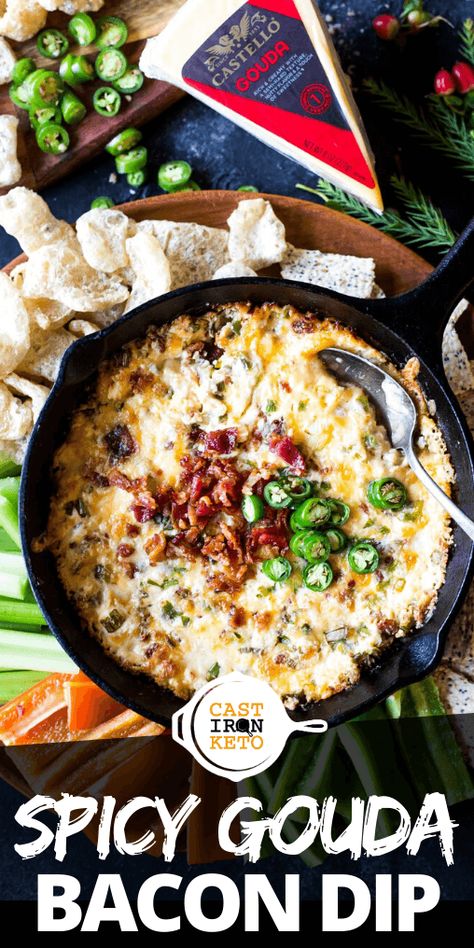 This Spicy Gouda Bacon Dip is perfect for entertaining! Creamy Gouda gets paired with spicy serranos and smoky bacon for one delicious dip. #keto #Superbowl #Lowcarb Gouda Dip, Gouda Cheese Recipes, Bacon Dip, Stuffed Pepper Dip, Stuffed Jalapenos With Bacon, High Protein Low Carb Recipes, Low Carb Sauces, Lchf Recipes, Cheese Appetizers