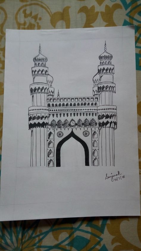 Charminar, Hyderabad #sketches #charminar #buildings #India #heritage #black #hyderabad #drawing Hyderabad Drawing, Indian Monuments Sketches, Charminar Sketch, Charminar Drawing, Drawing Buildings Sketch Easy, Monument Drawing, Charminar Hyderabad, Coffee Art Painting, Dna Art