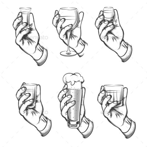 #Hand Holding Drink Vintage Sketch #Icons - #Food Objects Hand Holding Drink Reference, Hand On Glass Drawing, Hand Holding Food Reference, Drinking Alcohol Drawing, Hand Holding Glass Reference, Hand Holding Drink, Hand Holding Glass Of Wine Reference, Hand Against Glass Drawing, Person Holding Drink Drawing Reference