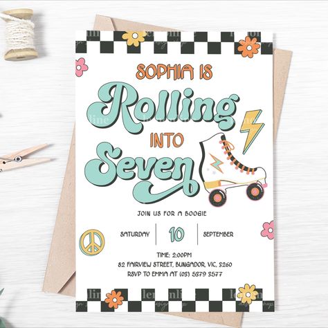 Get ready to roll with our awesome Roller Skate Invitation! This invitation is perfect for an epic 7th birthday party at the rink or at the park. Lace up your skates, gather your crew, and get ready to have a blast on wheels. Don't miss out on the fun—grab your invitation and let's roll into an unforgettable celebration! #rollerskate #rollerskating #partyinvitation #7thbirthdayinvitation Let The Good Times Roll Party Theme, Roller Skate Invitations, Skate Rink, Lets Roll, Skate Party, Party Finger Foods, Let The Good Times Roll, Good Times Roll, Roller Skate