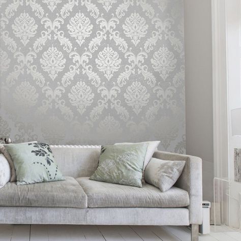 Silver Wallpaper Bedroom, Silver Wallpaper Living Room, Damask Wallpaper Bedroom, Grey Wallpaper Bedroom, Damask Decor, Silver Bedroom, Feature Wallpaper, Wallpaper Uk, Silver Wallpaper