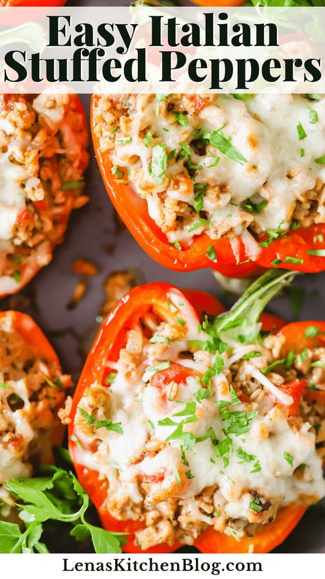 Try this Italian stuffed peppers recipe for a light, healthy, and affordable meal! Juicy ground chicken is combined with tender farro and savory vegetables, then stuffed into your choice of bell peppers. With a layer of melted mozzarella on top, each bite is better than the last. Make it for a quick weeknight dinner, or serve it for guests on special occasions. Stuffed Colored Peppers, Healthy Italian Stuffed Peppers, Healthy Stuffed Bell Peppers Clean Eating, Stuffed Bell Peppers Ground Chicken, Quick Stuffed Peppers, Stuff Peppers Recipe, Stuffed Bell Peppers No Rice, Simple Stuffed Peppers, Stuffed Peppers Oven