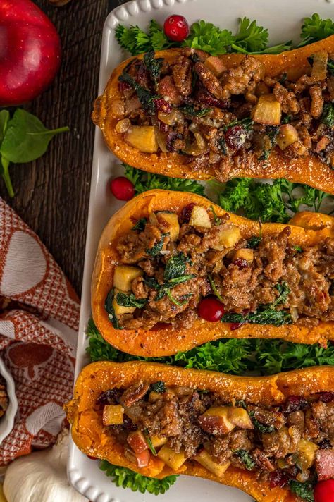 Butternut Squash Sausage Recipes, Butternut Squash Sausage, Stuffed Butternut Squash, Stuffed Butternut, Spicy Italian Sausage, Recipe For Fall, Hot Sausage, Garden Vegetables, Butternut Squash Recipes